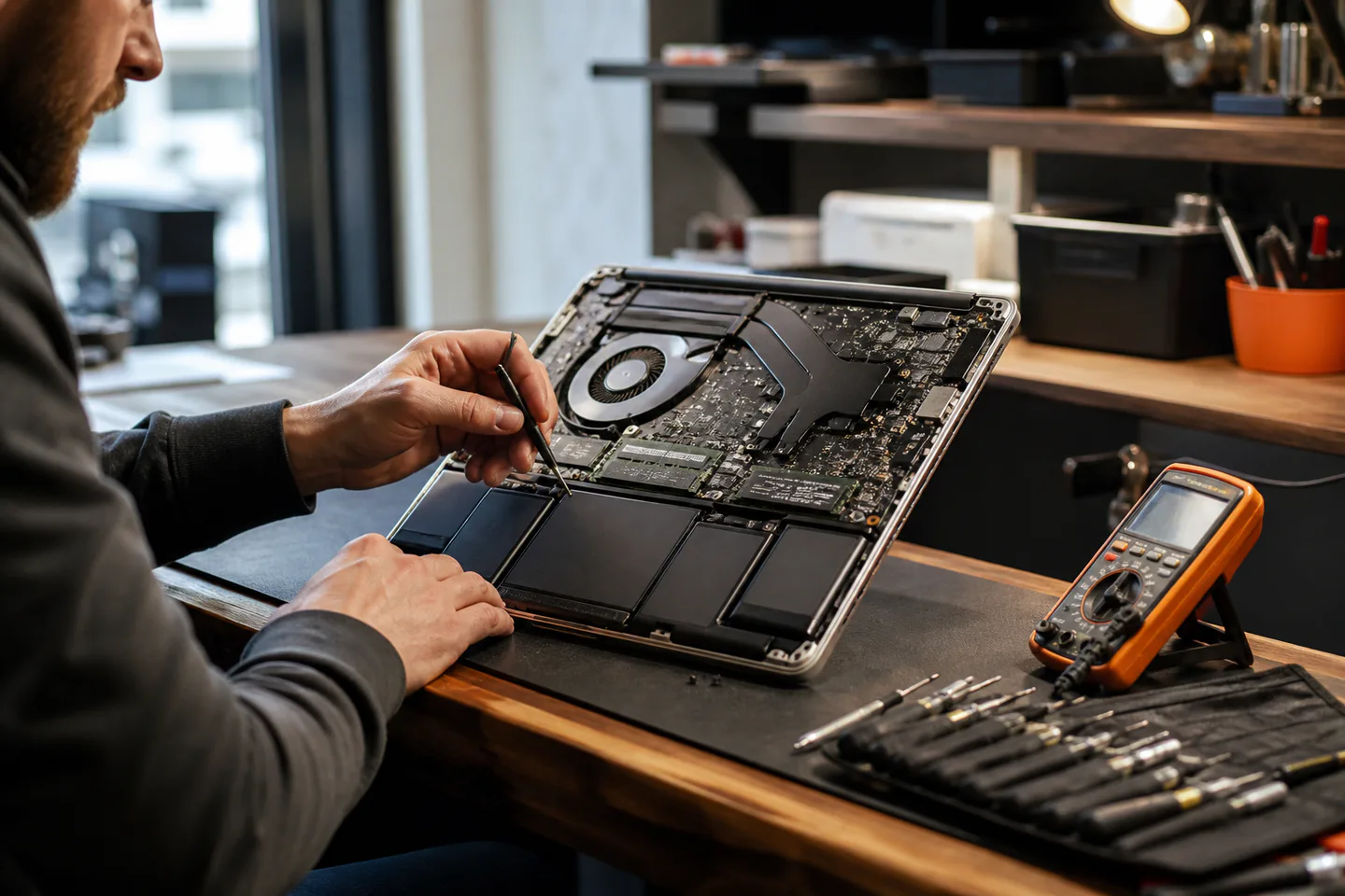 Technician diagnosing the internal components of an open laptop