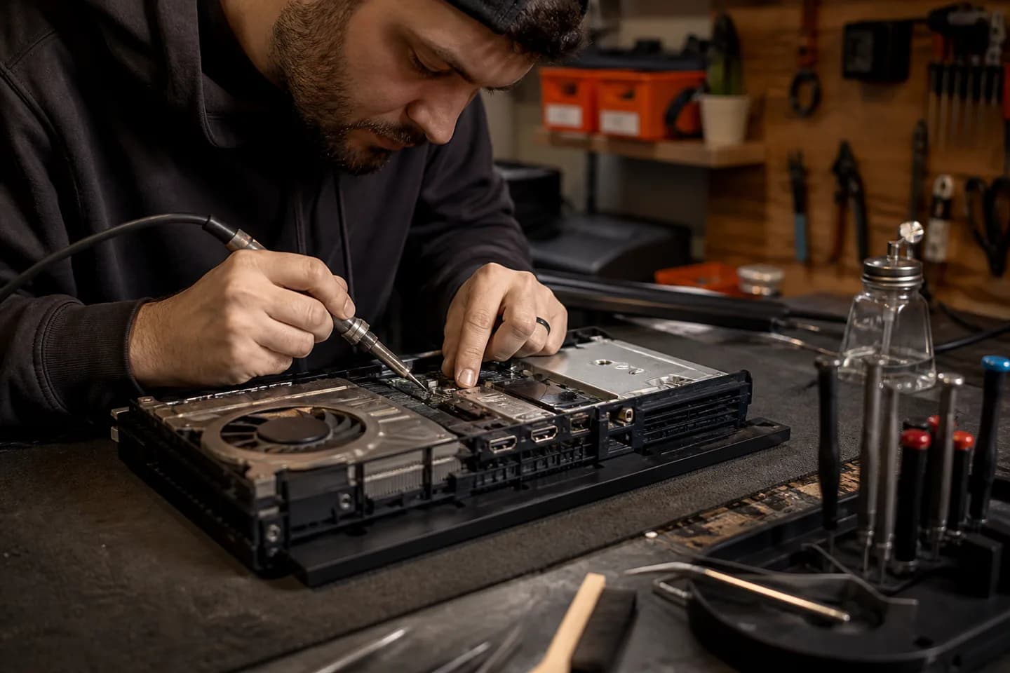 Technician servicing the internal hardware of a game console