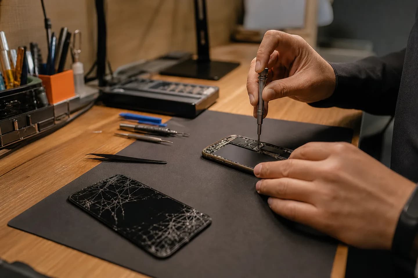 Technician repairing an open smartphone beside a cracked phone screen