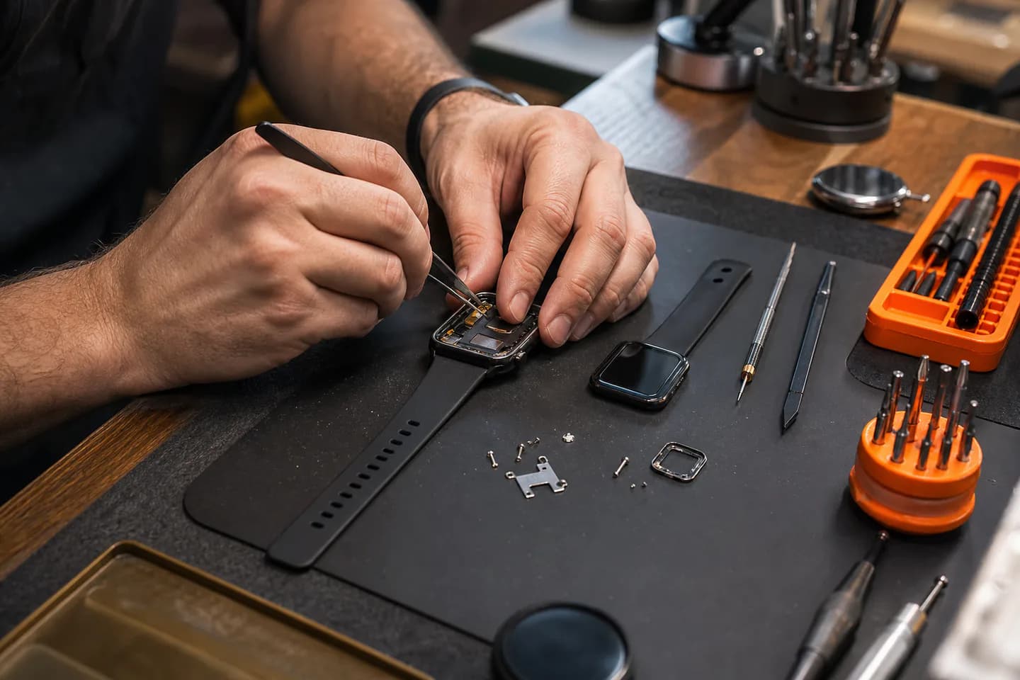 Technician using precision tools during a smartwatch repair